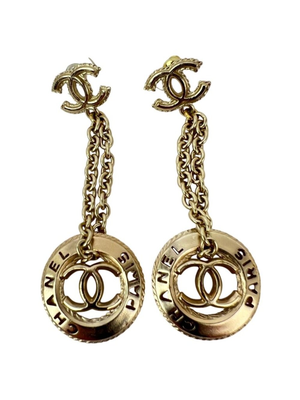 Chanel Gold Chain Logo Dangle CC Earrings